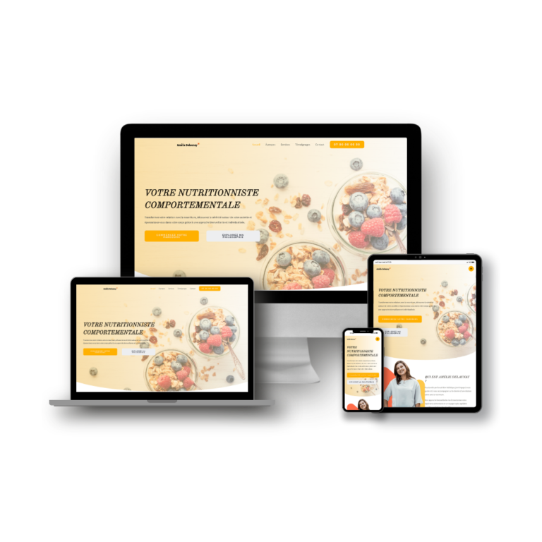 Maquette du site démo nutritionniste sur ordinateur, portable, tablette et smartphone