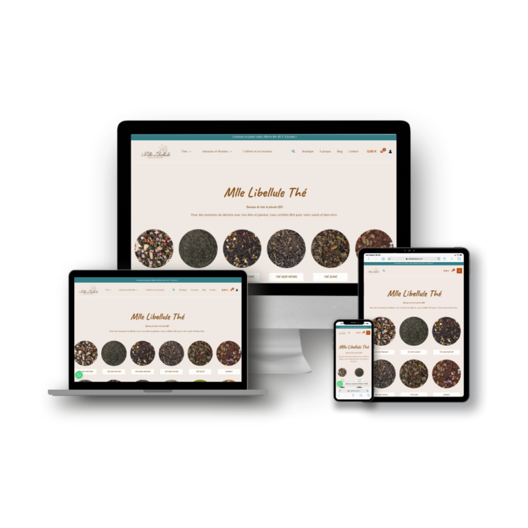 Maquette du site Mlle Libellule Thé sur ordinateur, portable, tablette et smartphone